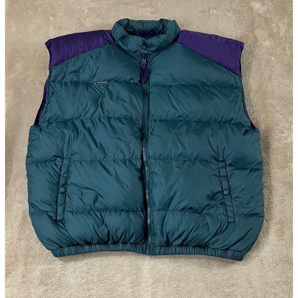 Vintage Columbia Puffer Vest Teal Purple Color Block Down Insulated Men's XL EUC